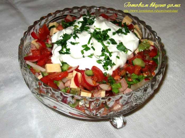 Салат с ветчиной и сыром – 10 вкусных рецептов с огурцом, помидорами, яйцом, перцем с пошаговыми фото